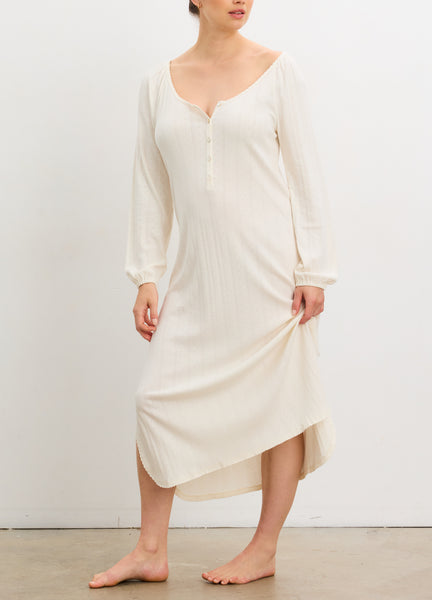 white nightgown dress HATCH Collection The Long Sleeve Pointelle Nightgown in Ivory