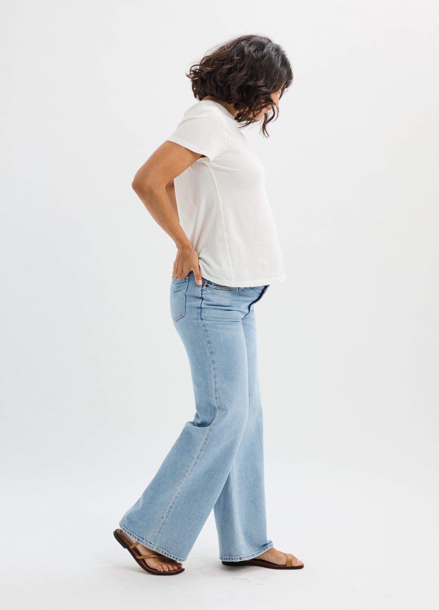 Light blue wide-leg maternity jeans with high stretchy waistband, styled with white tee and sandals.