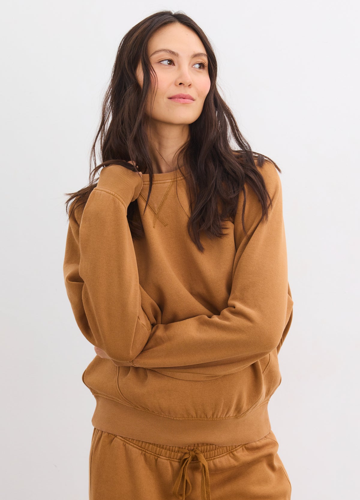 Camel brown pullover sweatshirt with relaxed fit, long sleeves, ribbed cuffs and hem, soft fabric.