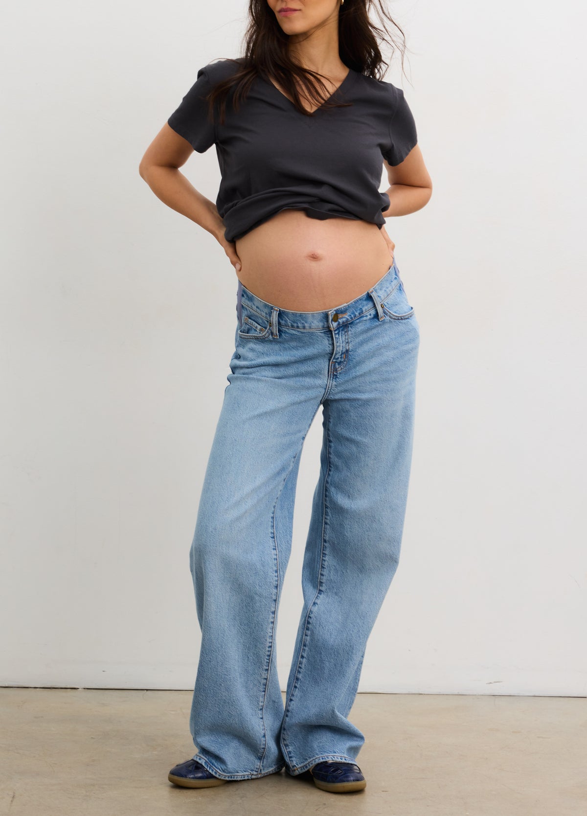 Washed Cotton Vintage V-Neck T-Shirt - Black washed cotton vintage V-neck maternity T-shirt with nursing-friendly layered design, soft drape for pregnancy and.