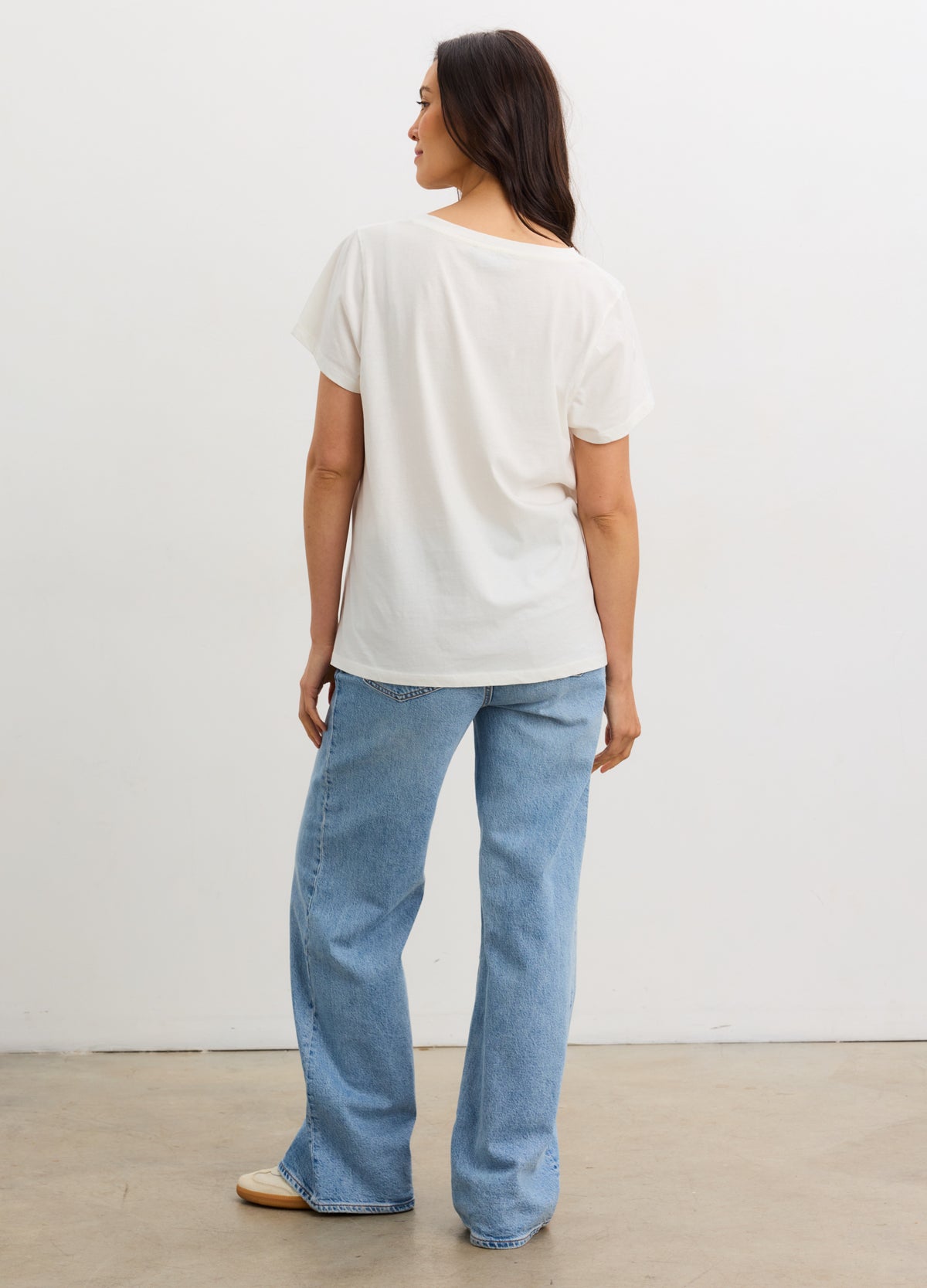Washed Cotton Vintage V-Neck T-Shirt - White washed cotton vintage V-neck maternity T-shirt with short sleeves, soft and breathable for pregnancy, nursing, and.