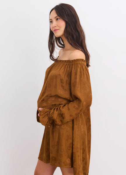 HATCH Collection The Samantha Off-The-Shoulder Jacquard Mini Dress in Caramel | Size: 4 HATCH Collection The Samantha Off-The-Shoulder Jacquard Mini Dress in Caramel | Size: 4