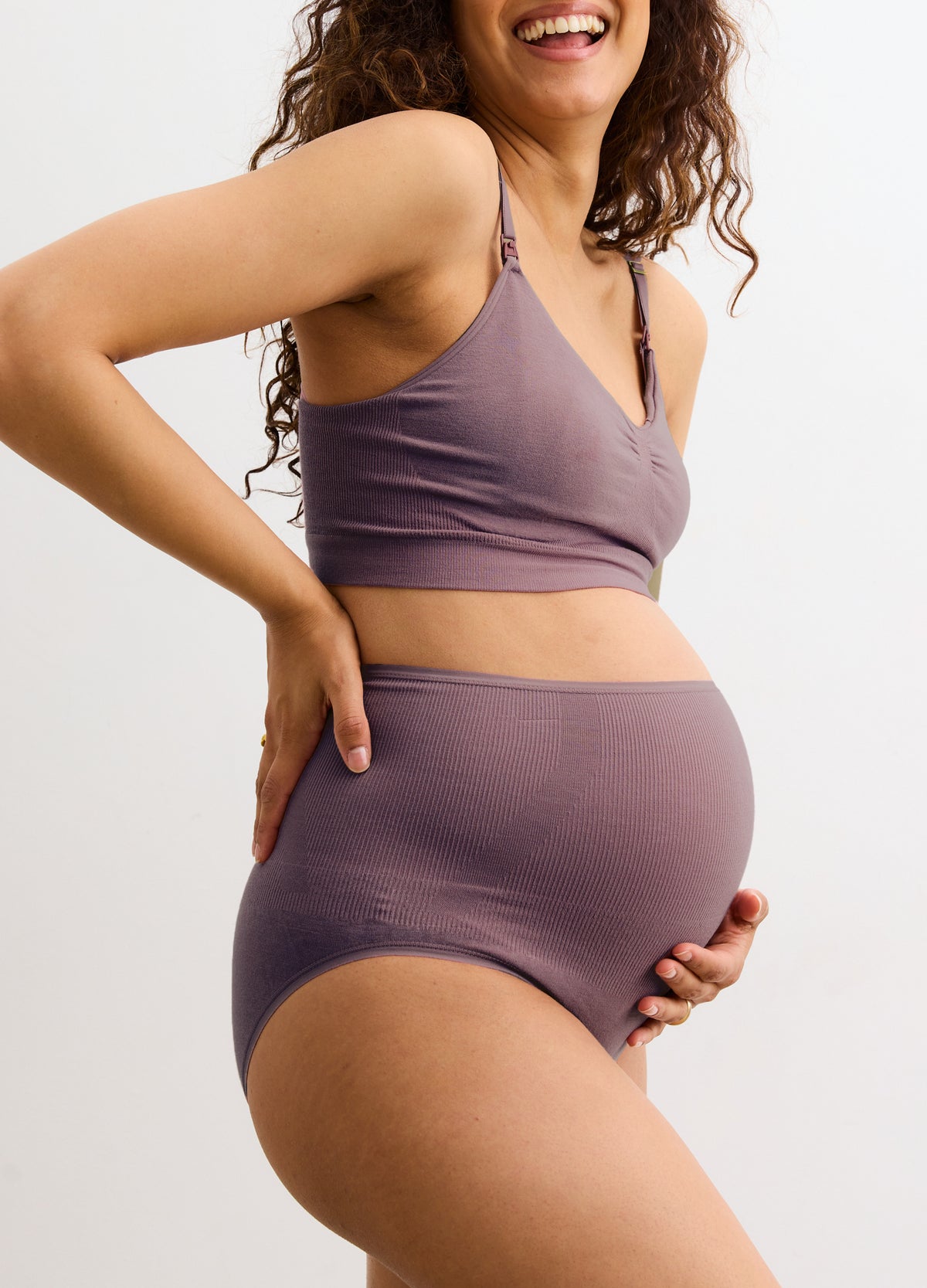 Mauve seamless maternity brief with high-rise belly coverage and soft stretch fabric.