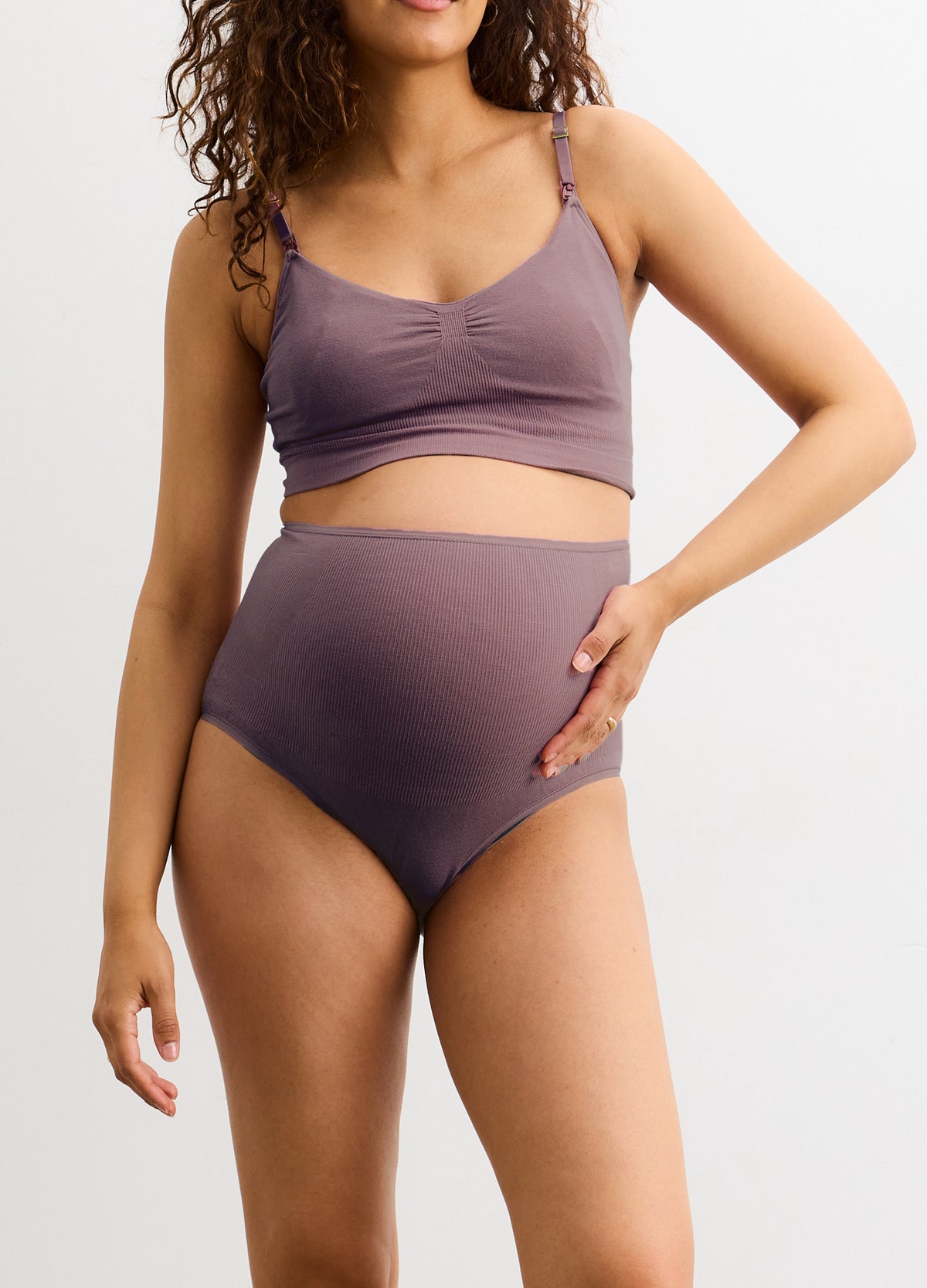 Mauve seamless high-waisted maternity brief with smooth, stretchy fabric and full belly coverage.