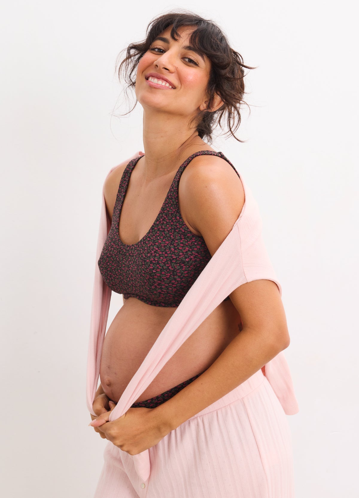 Brown maternity bra with dark leopard print, soft fabric, and adjustable straps.