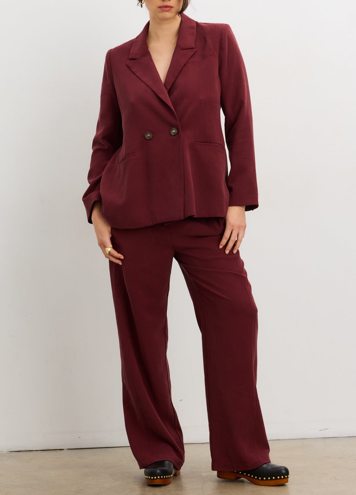The Soft Tailored Twill Blazer - Chocolate plum maternity blazer with tailored fit, lapel collar, front flap pockets, designed for pregnancy, nursing, and.