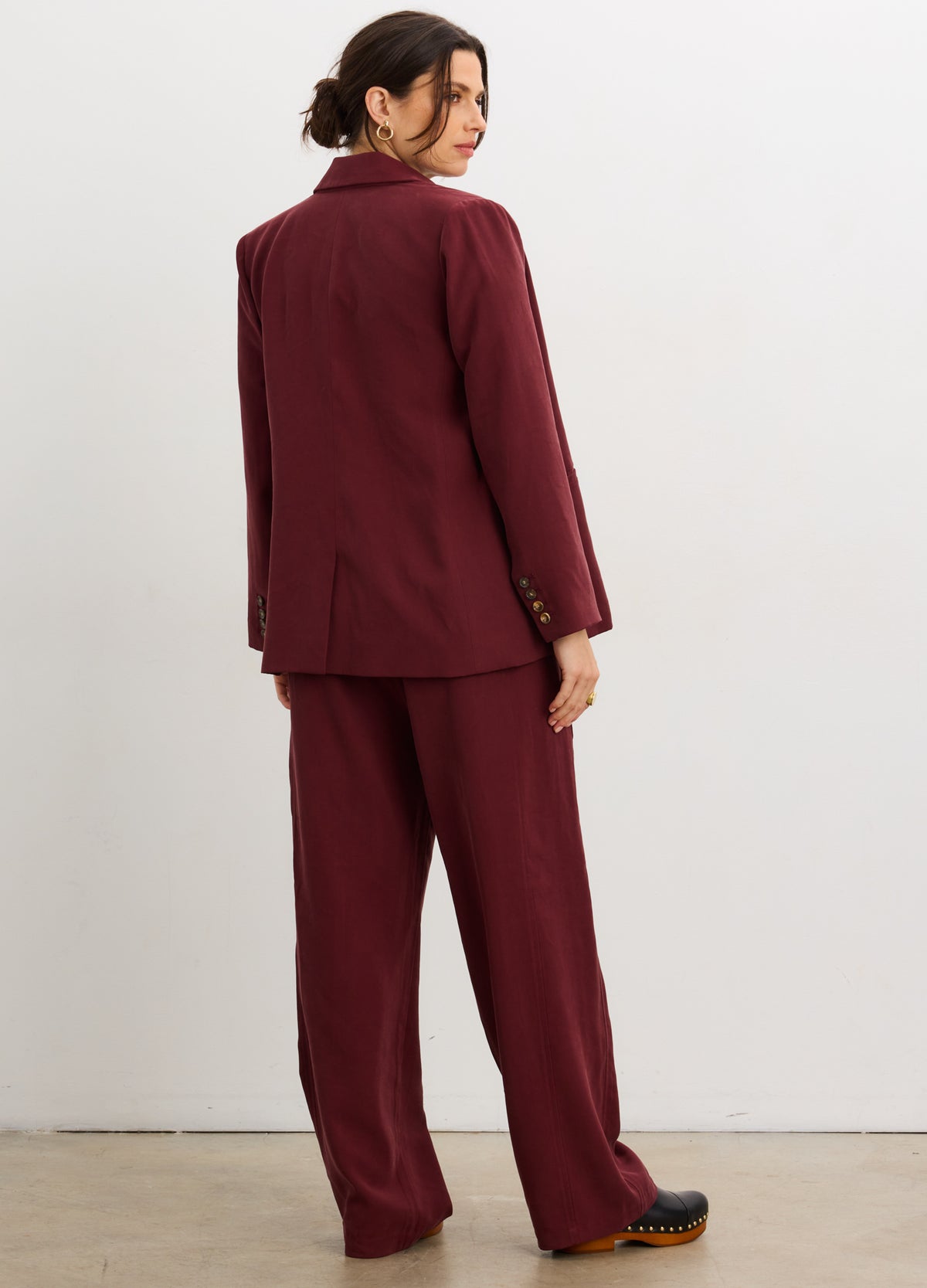 The Soft Tailored Twill Blazer - Chocolate plum maternity blazer with tailored fit, lapel collar, front flap pockets, designed for pregnancy, nursing, and.