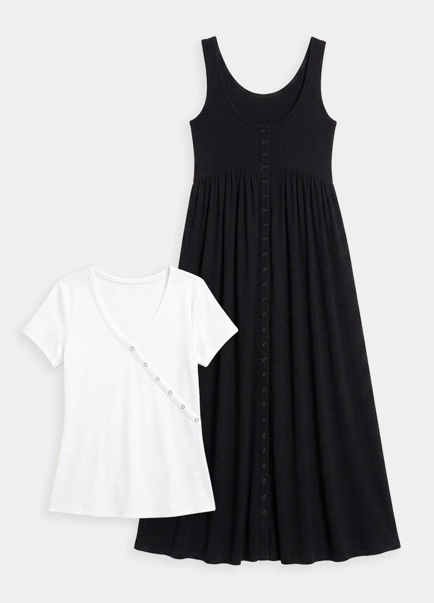 Black sleeveless ribbed knit maxi dress with button front, white short-sleeve wrap nursing top with ruffle trim.