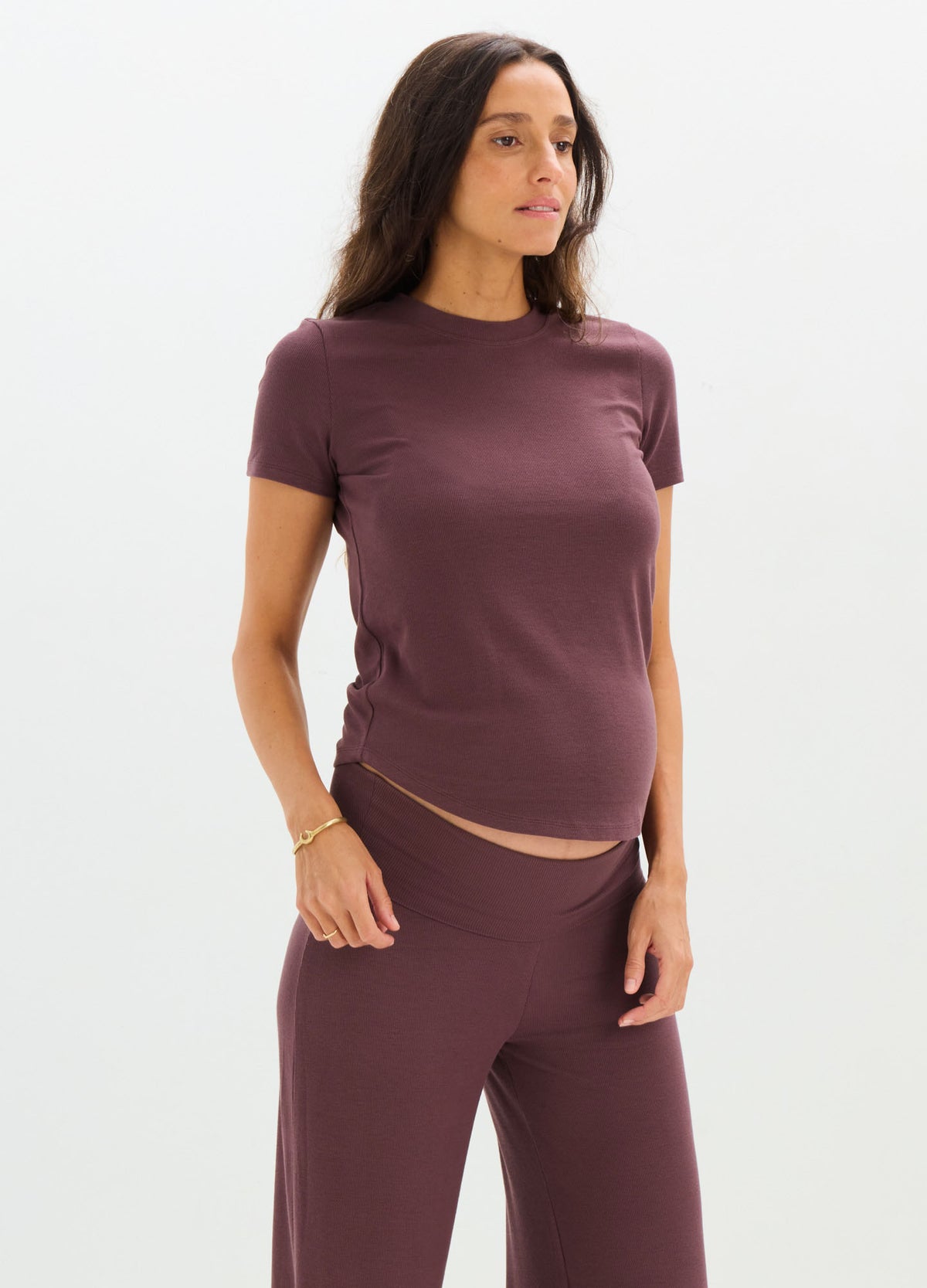 Mauve short-sleeve ribbed maternity tee with soft, stretchy fabric and fitted silhouette.