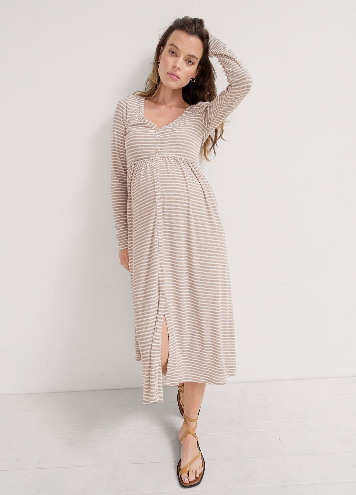 The Softest Rib Nursing Dress - Biscotti and ivory striped rib-knit maternity dress with long sleeves, fitted waist, and nursing-friendly design.