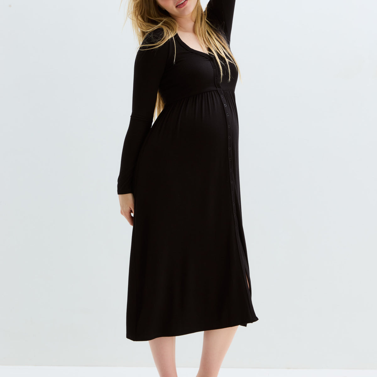 long sleeve breastfeeding dress HATCH Collection The Softest Rib Nursing Dress in Black