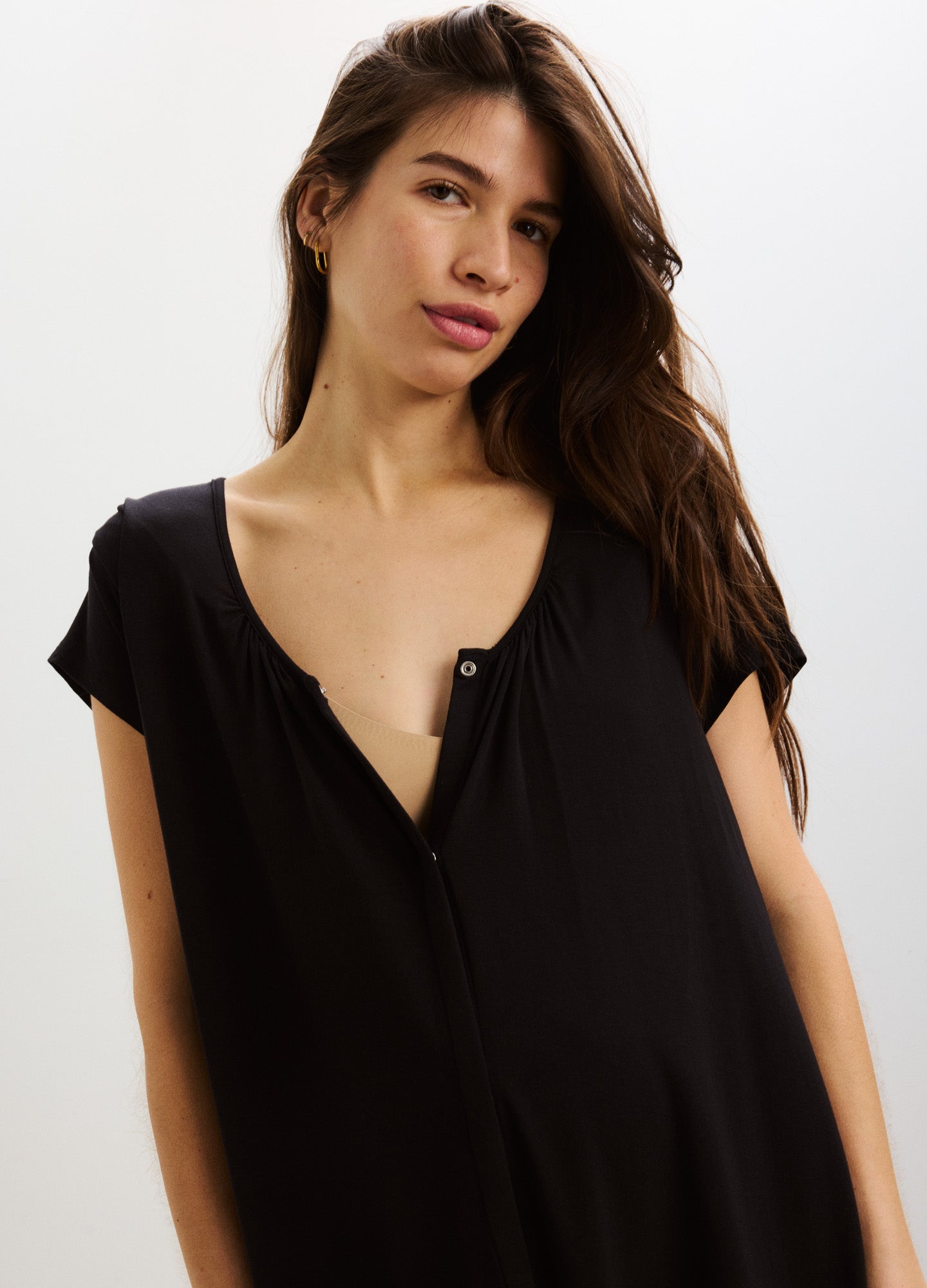 Black maternity nightgown with short sleeves, V-neck, and front button closure, relaxed fit for pregnant women.