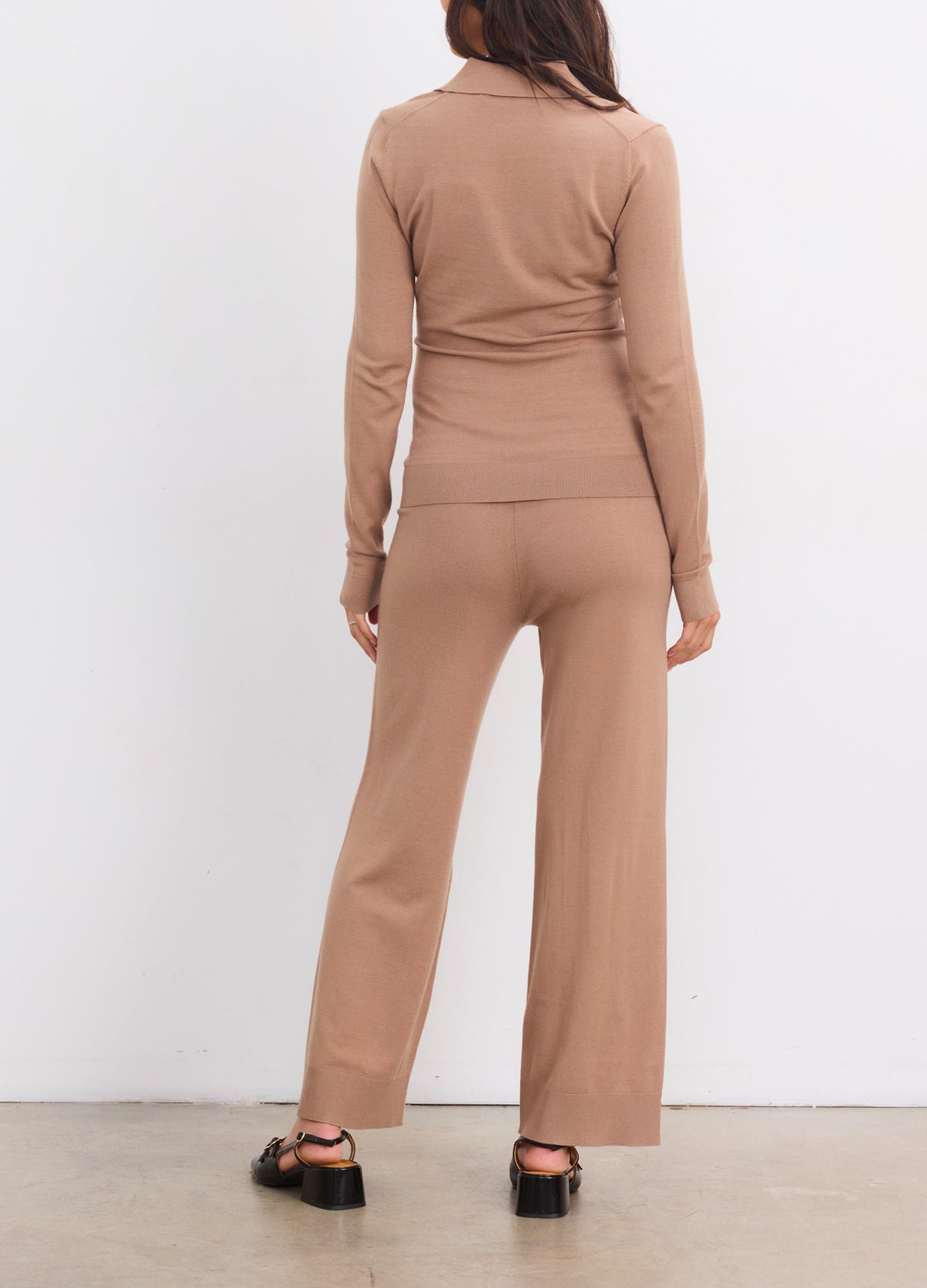 Mocha maternity knit crop pants with wide legs on pregnant model wearing matching top.