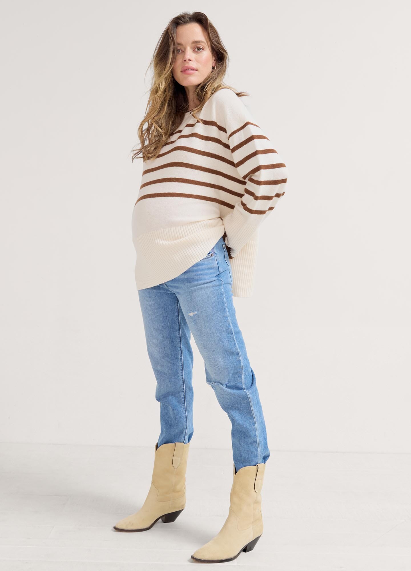 The Carly Knit Pullover - Vanilla and acorn striped knit pullover with wide sleeves, designed for maternity, nursing, and postpartum comfort.