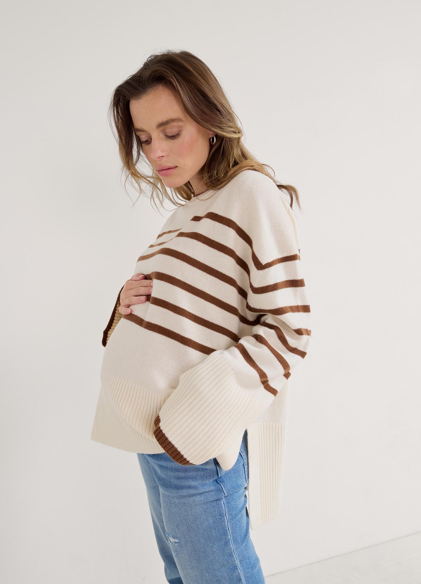 The Carly Knit Pullover - Vanilla and acorn striped knit pullover with wide sleeves, designed for maternity, nursing, and postpartum comfort.