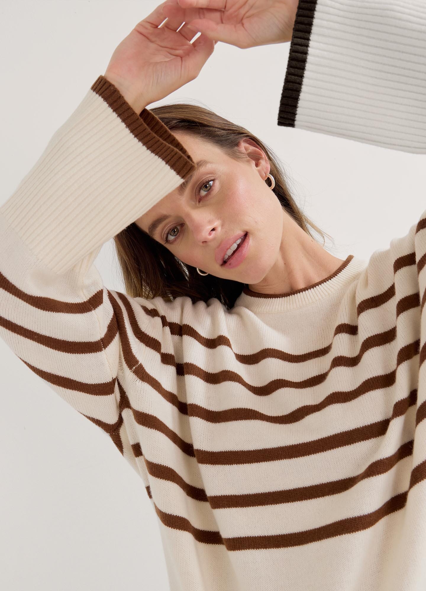 The Carly Knit Pullover - Vanilla and acorn striped knit pullover with wide sleeves, designed for maternity, nursing, and postpartum comfort.