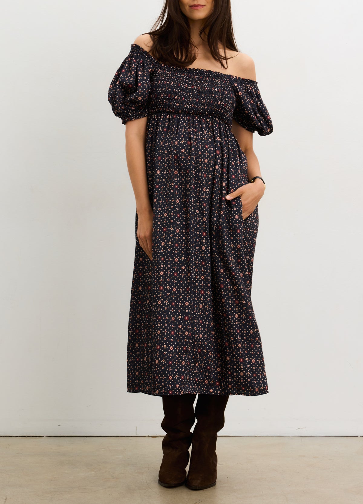 Navy blue maternity dress with small floral print, off-shoulder puff sleeves, and smocked bodice.