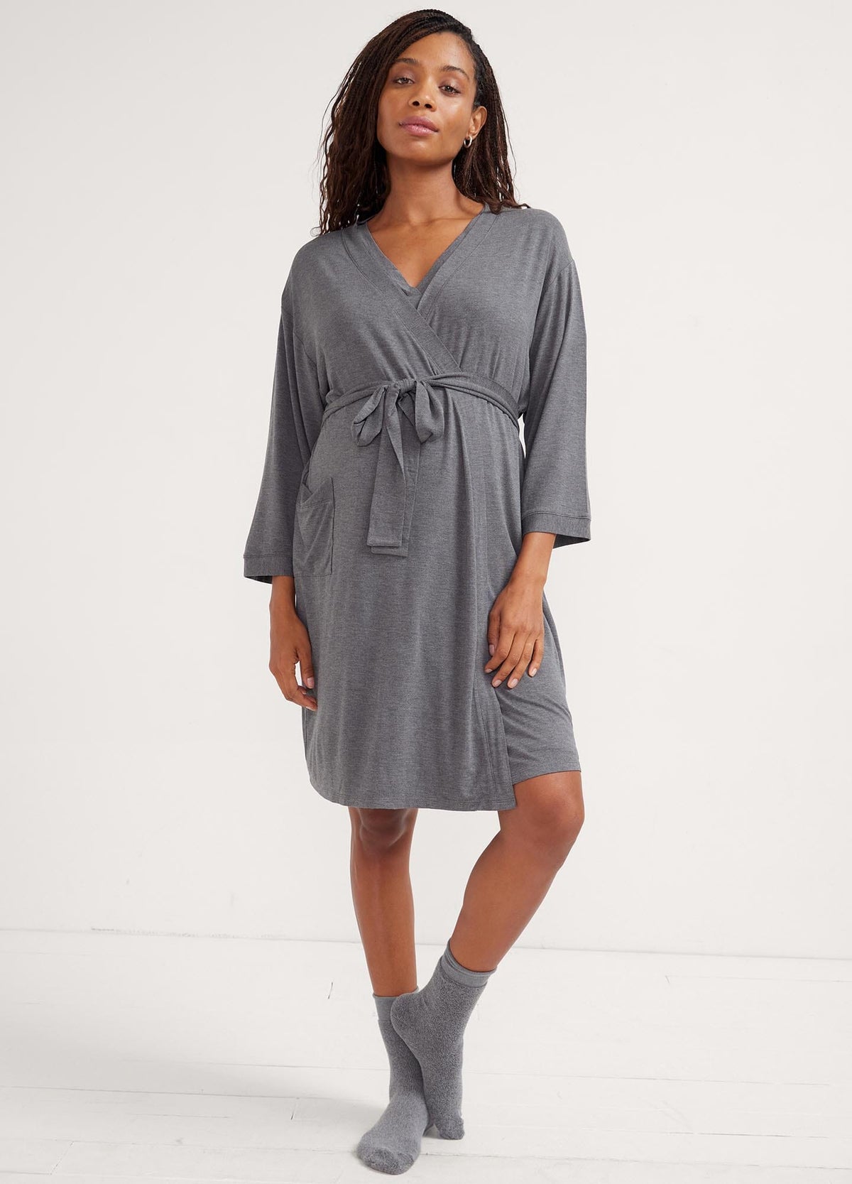 Hatch-To-Hospital Box - Charcoal maternity nursing robe and shorts set with soft drape, designed for pregnancy and postpartum comfort.