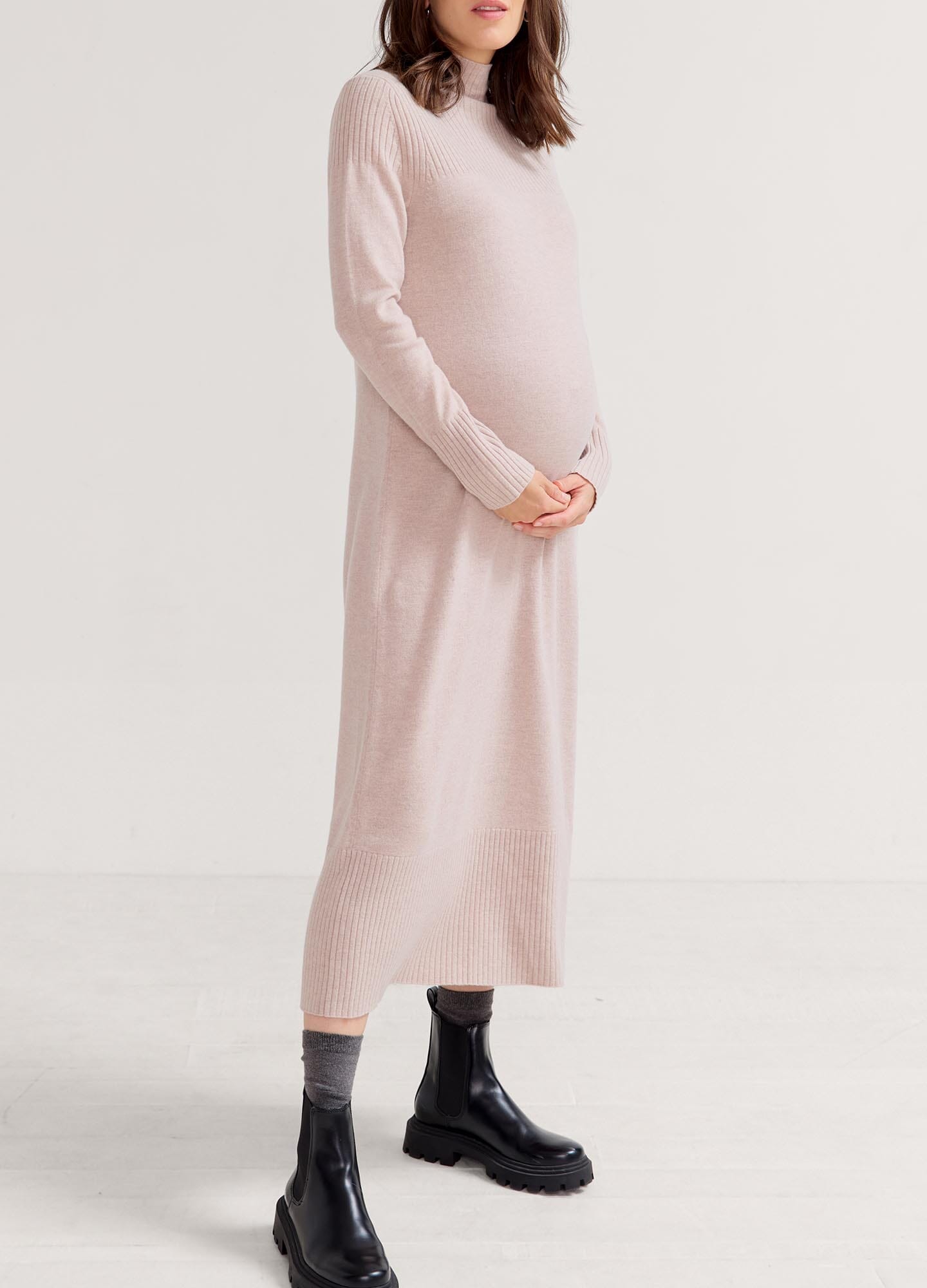 The Peyton Sweater Dress - Soft oat melange maternity sweater dress with long sleeves and side slits for nursing and postpartum comfort.