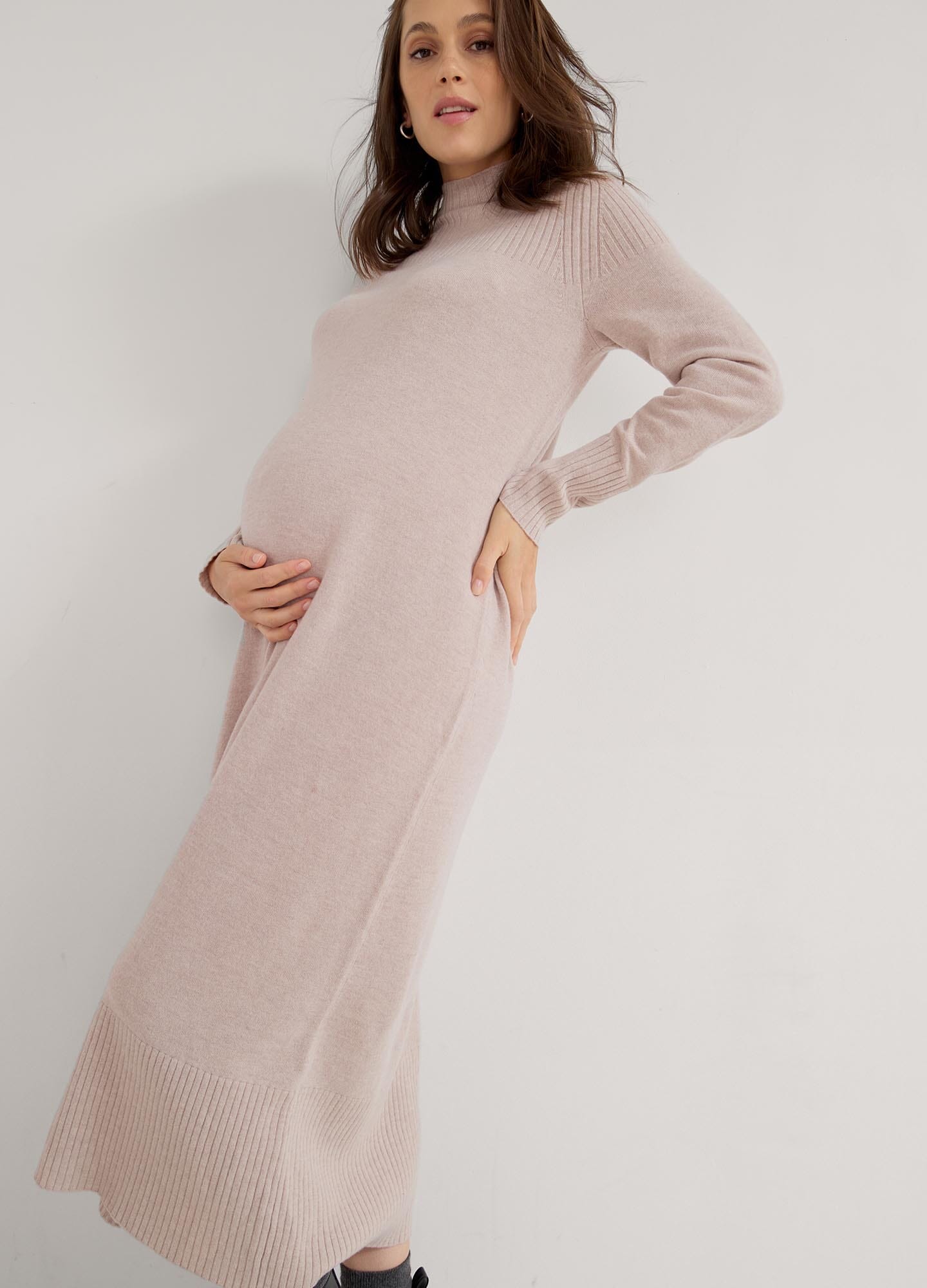 The Peyton Sweater Dress - Soft oat melange maternity sweater dress with long sleeves and side slits for nursing and postpartum comfort.
