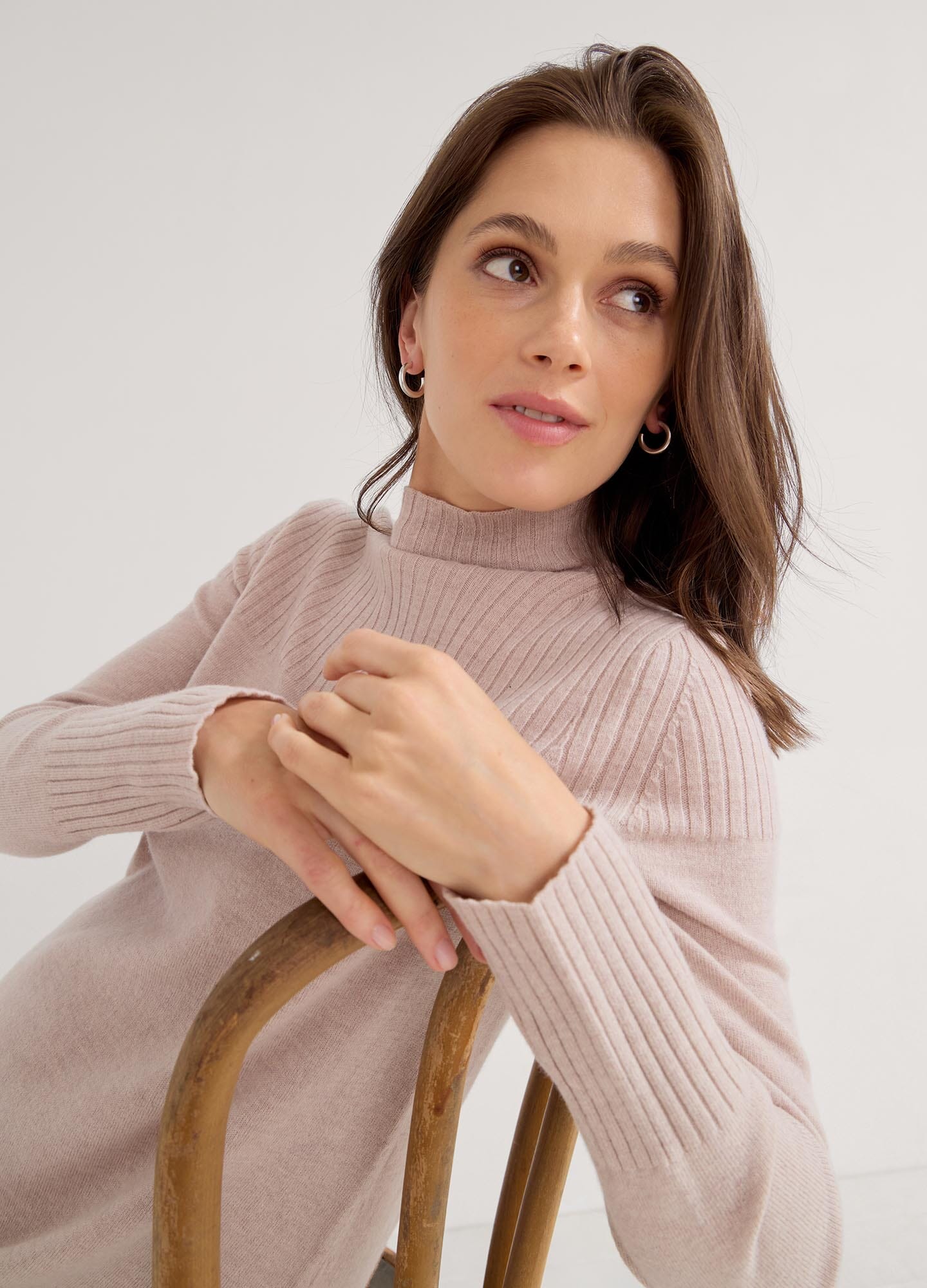 The Peyton Sweater Dress - Soft oat melange maternity sweater dress with long sleeves and side slits for nursing and postpartum comfort.