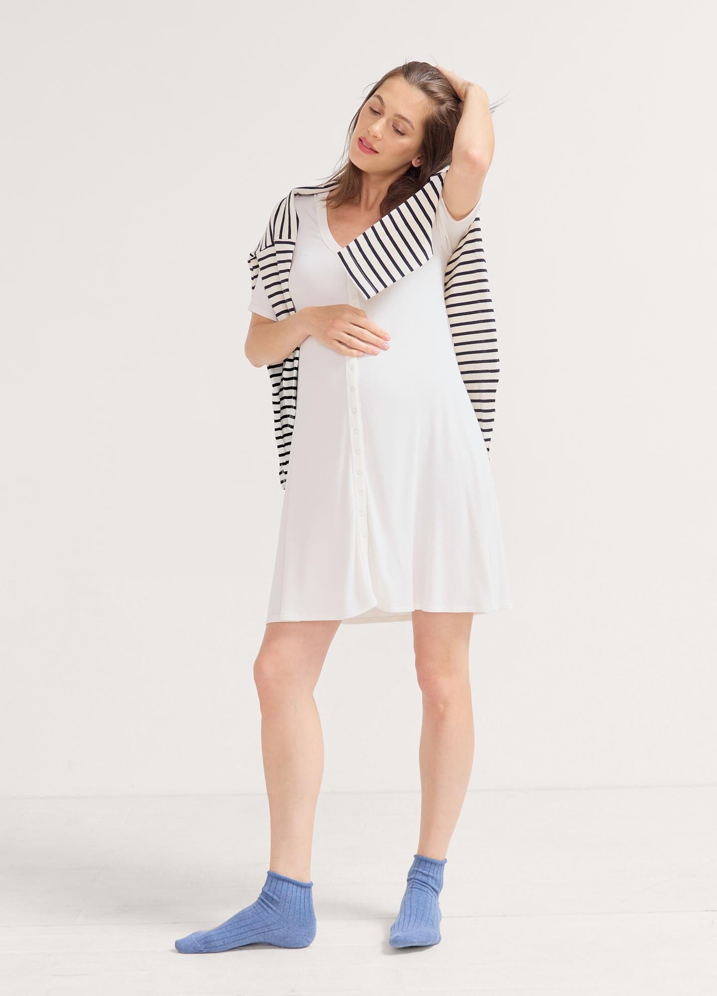 The Softest Rib Nursing Mini Dress POS - Soft red ribbed nursing mini dress with short sleeves, ideal for maternity and postpartum wear.