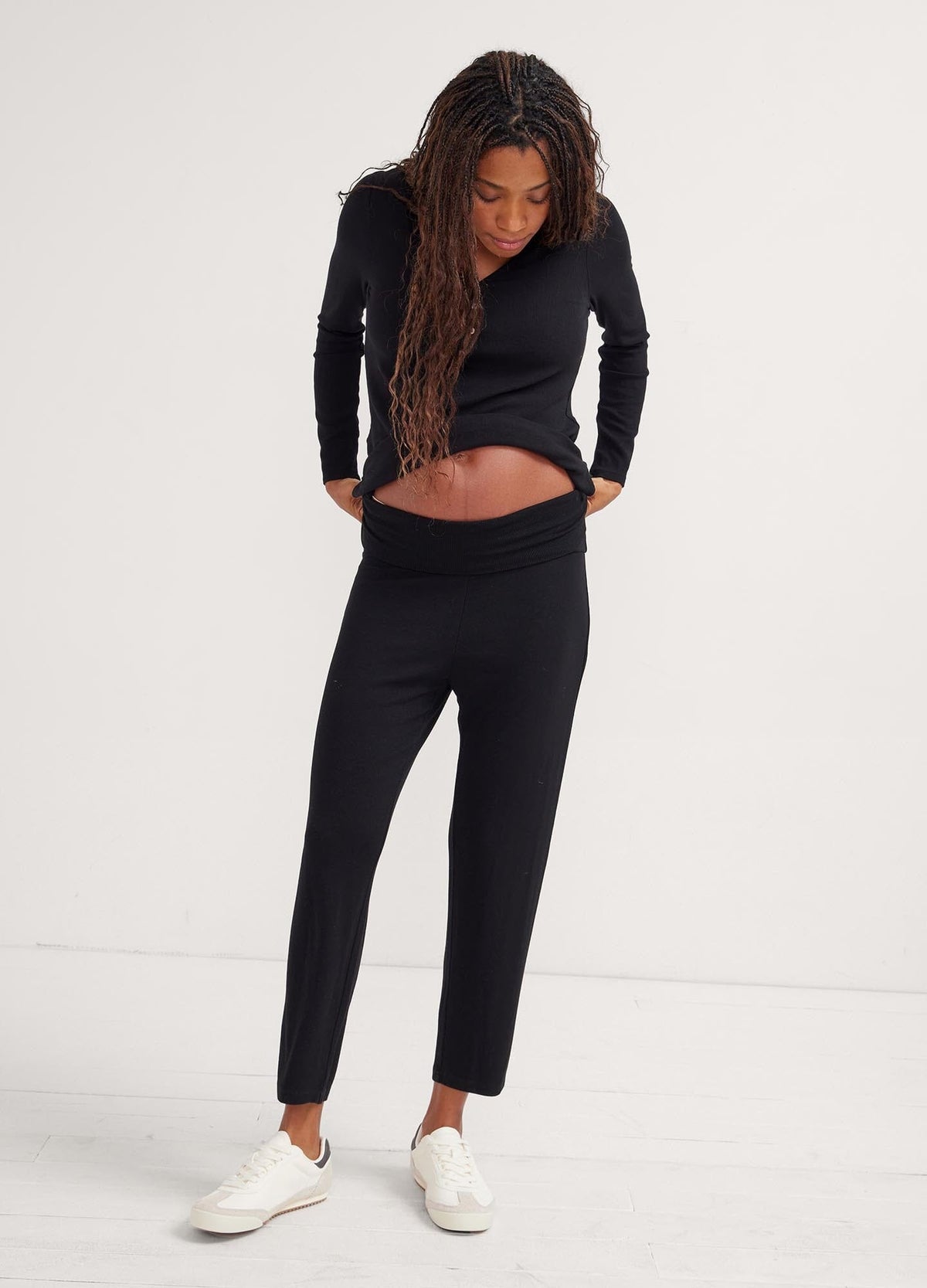 The Softest Rib Over/Under Lounge Pant - Black ribbed lounge pants with over/under waistband modeled for maternity, pregnancy, nursing, and postpartum comfort.