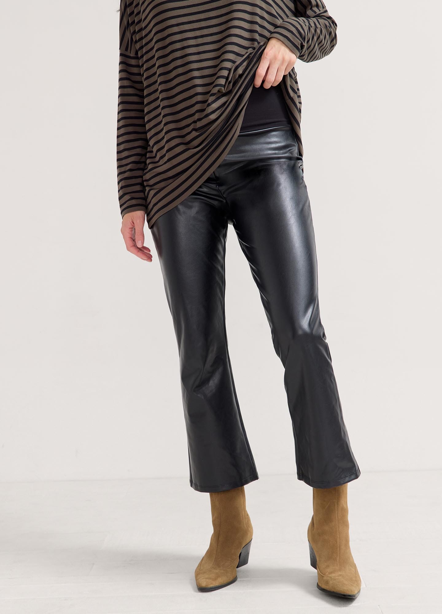 Stretchy Vegan Leather Crop Flare Maternity Pants in Black | HATCH