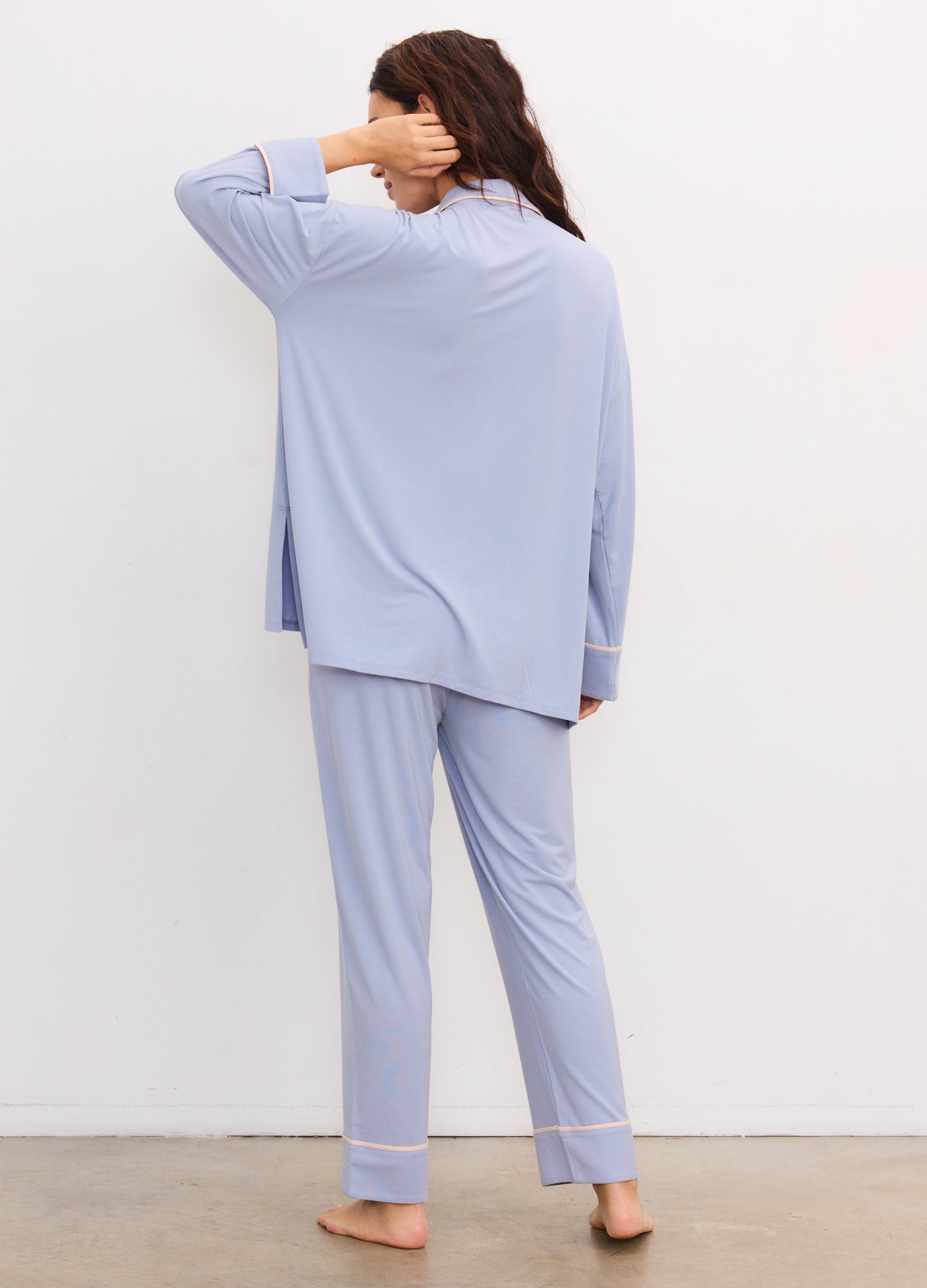 Light blue soft jersey long-sleeve top and full-length pants maternity pajama set.