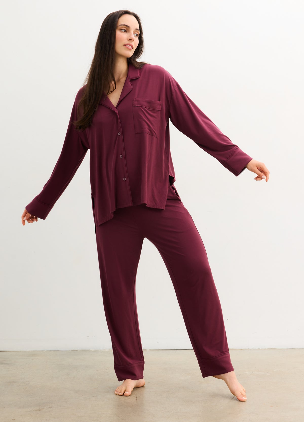 Burgundy ultra-soft jersey long-sleeve maternity pajama top with buttons and matching relaxed-fit pants.