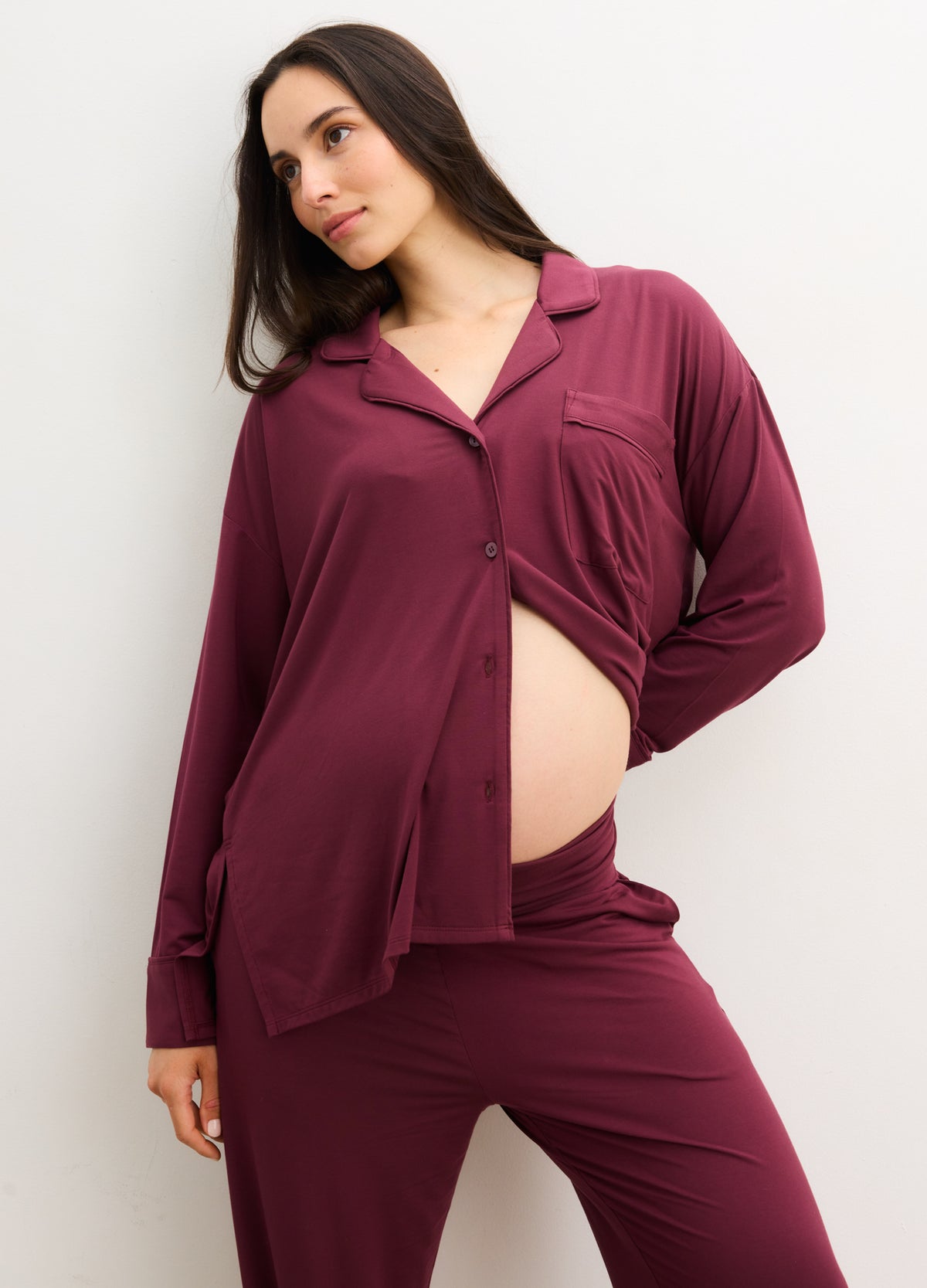 Soft pinkish-purple maternity jersey pajama set with button-up top and relaxed-fit pants.