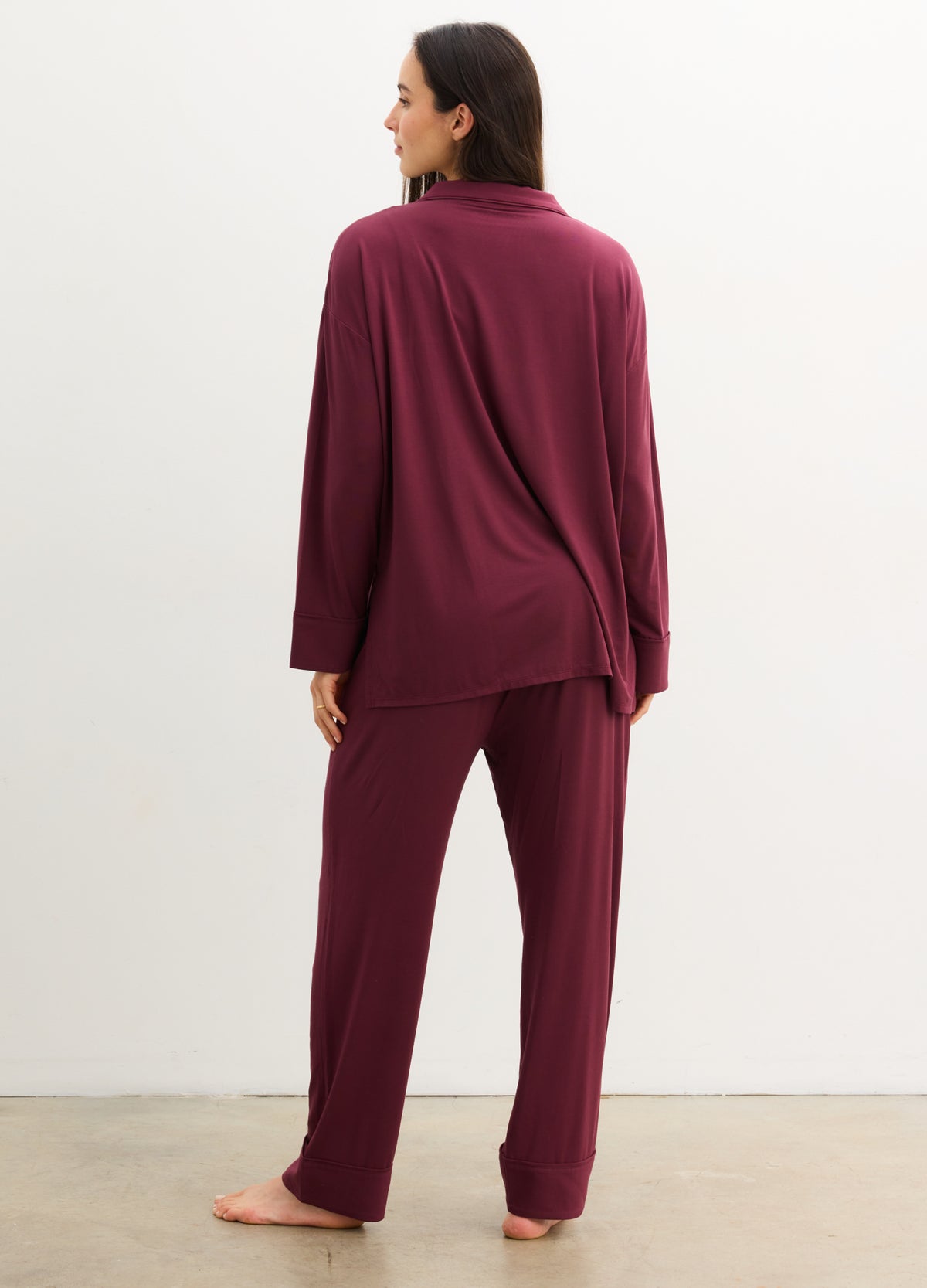 Soft burgundy maternity jersey pajama set with long sleeves and relaxed pants.