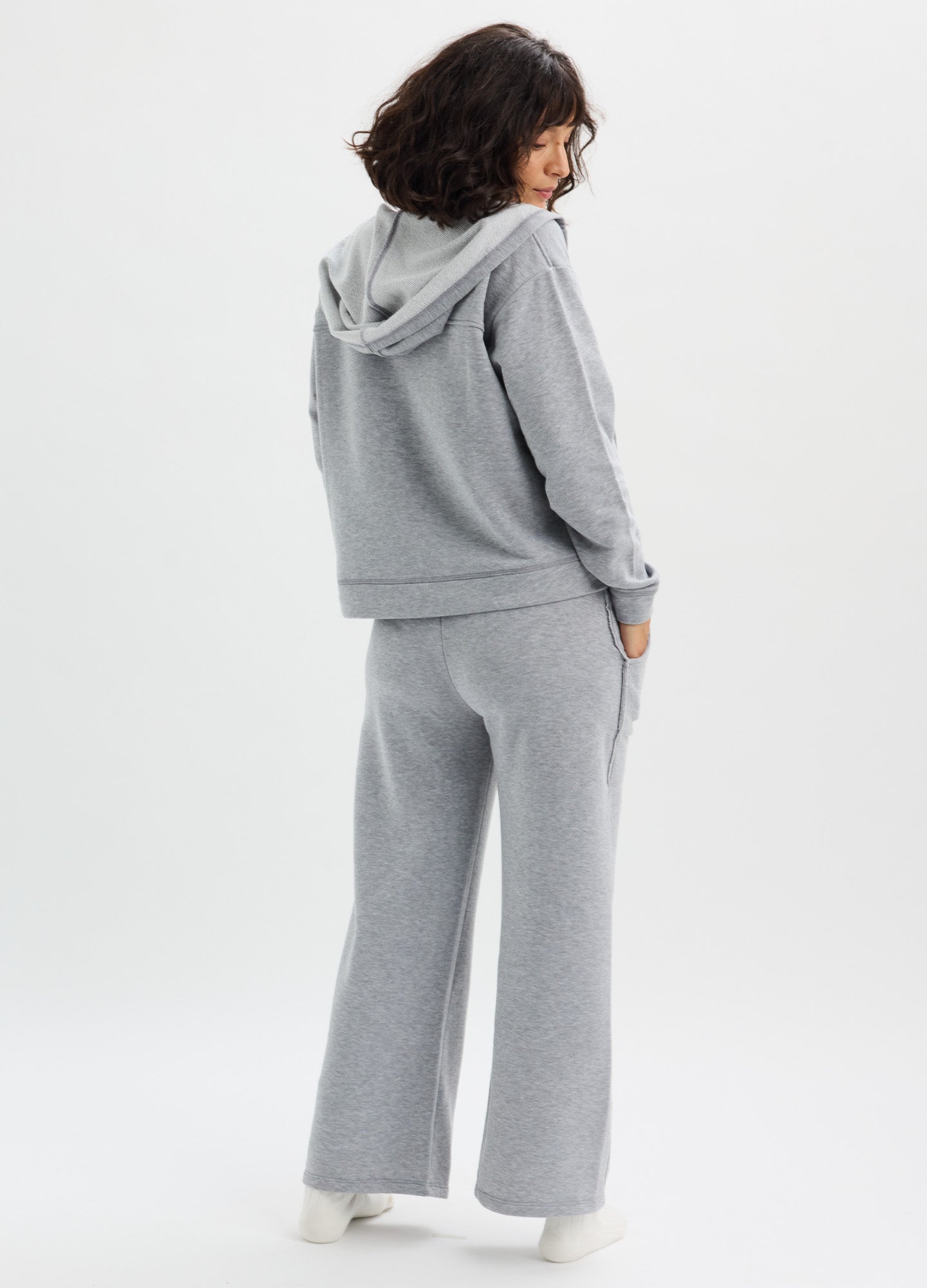 Light gray maternity hoodie and wide-leg pants set with soft fabric and relaxed fit.