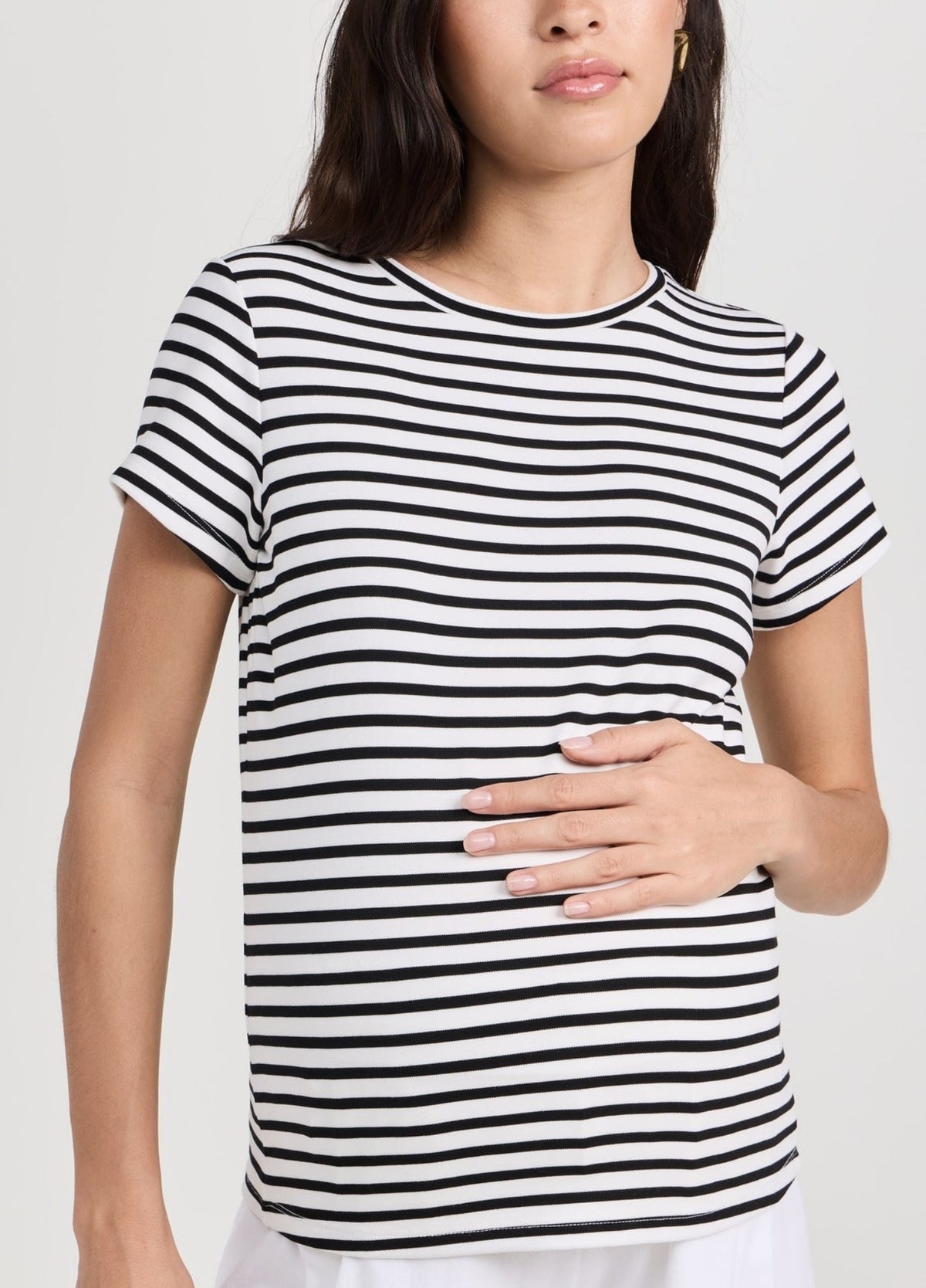 Black and white striped short-sleeve maternity crewneck top with a relaxed fit.