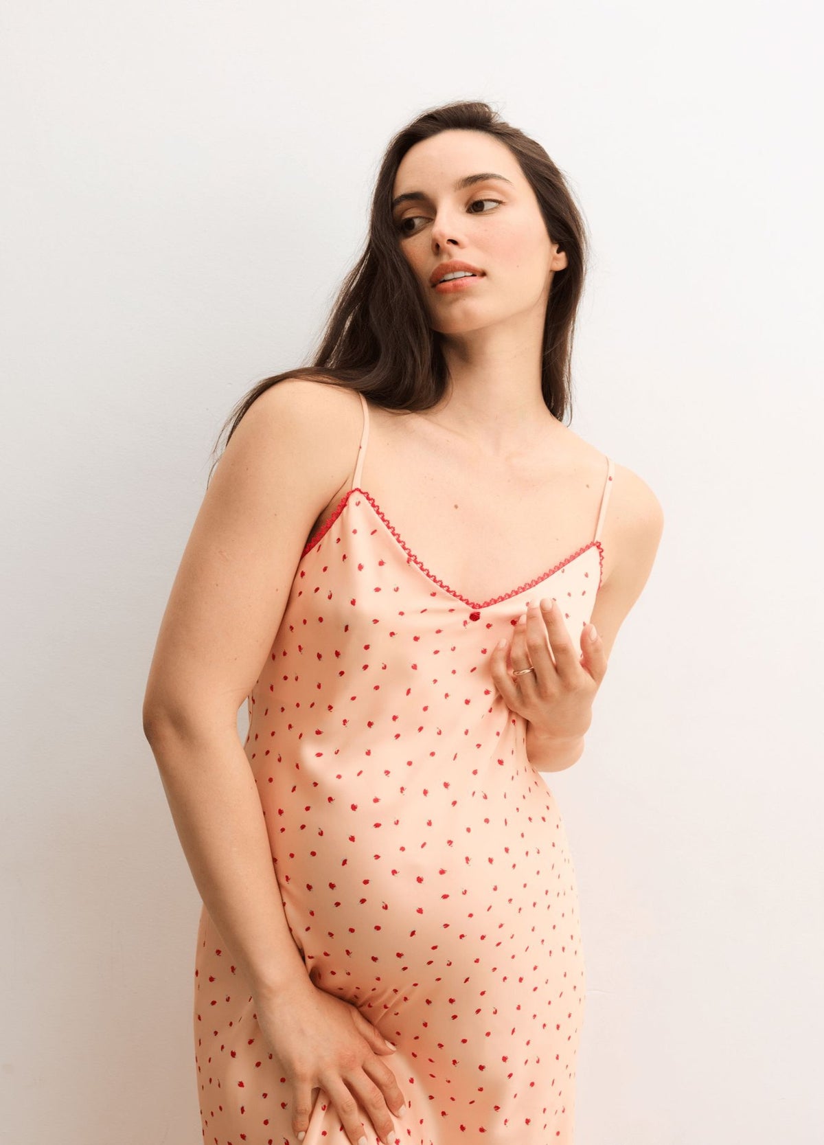 The Roseberry Floral Slip Dress - Sorbet pink floral maternity slip dress with adjustable spaghetti straps, designed for pregnancy, nursing, and postpartum.