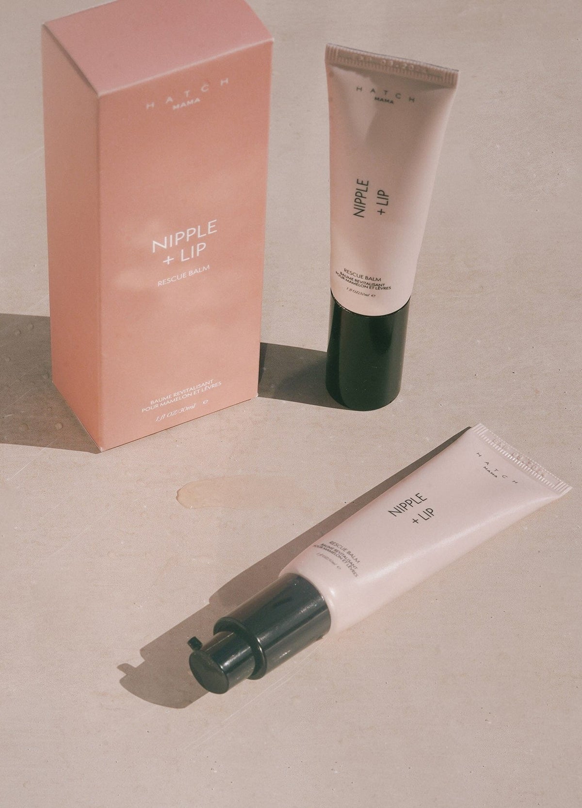 Nipple + Lip cream tube and matching pink box for pregnant and maternity skincare, 1 oz/30mL.