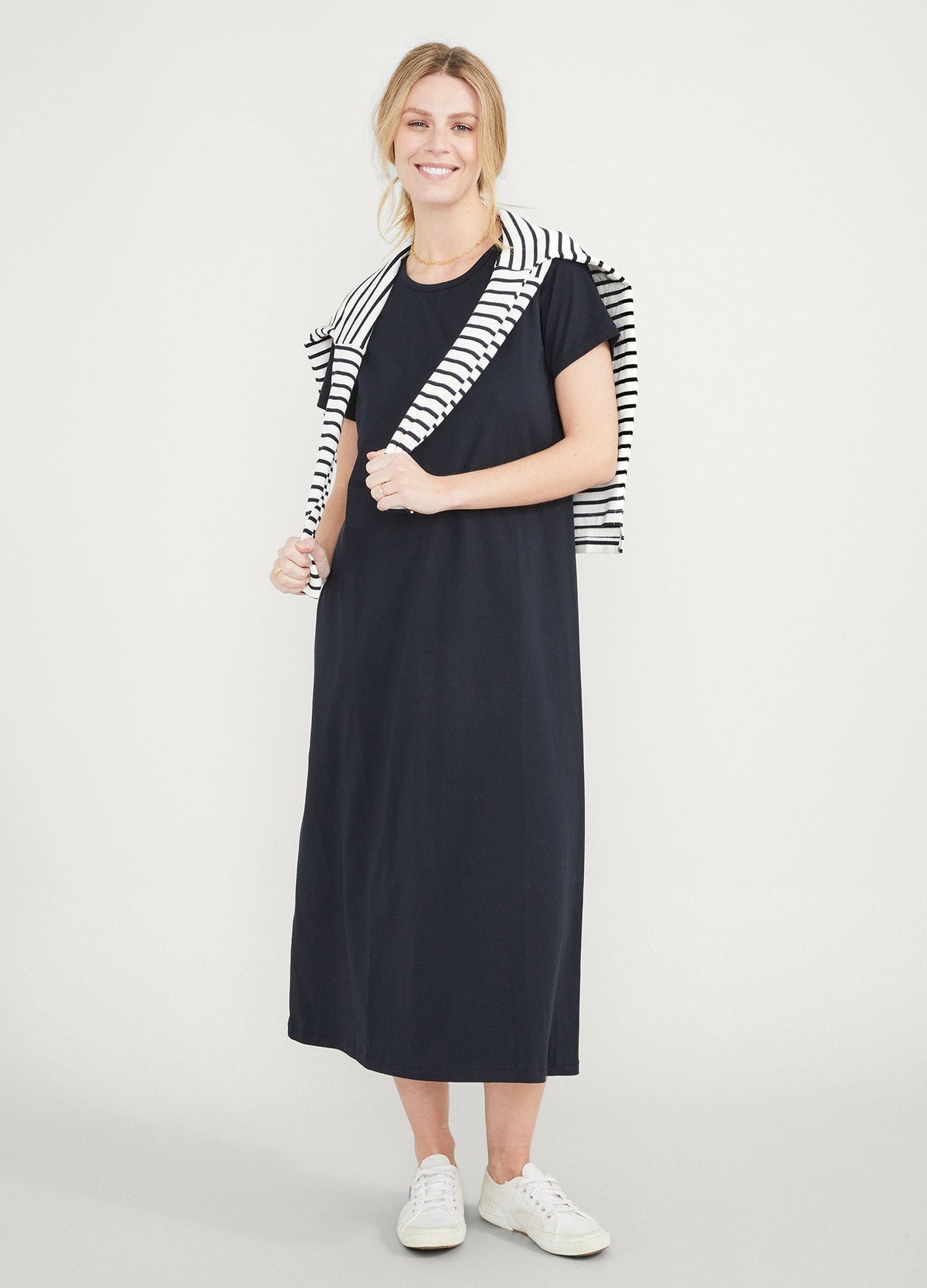 The Easy Going Nursing Tee Dress - Black maternity nursing tee dress with short sleeves, crew neck, and relaxed fit ideal for pregnancy and postpartum.