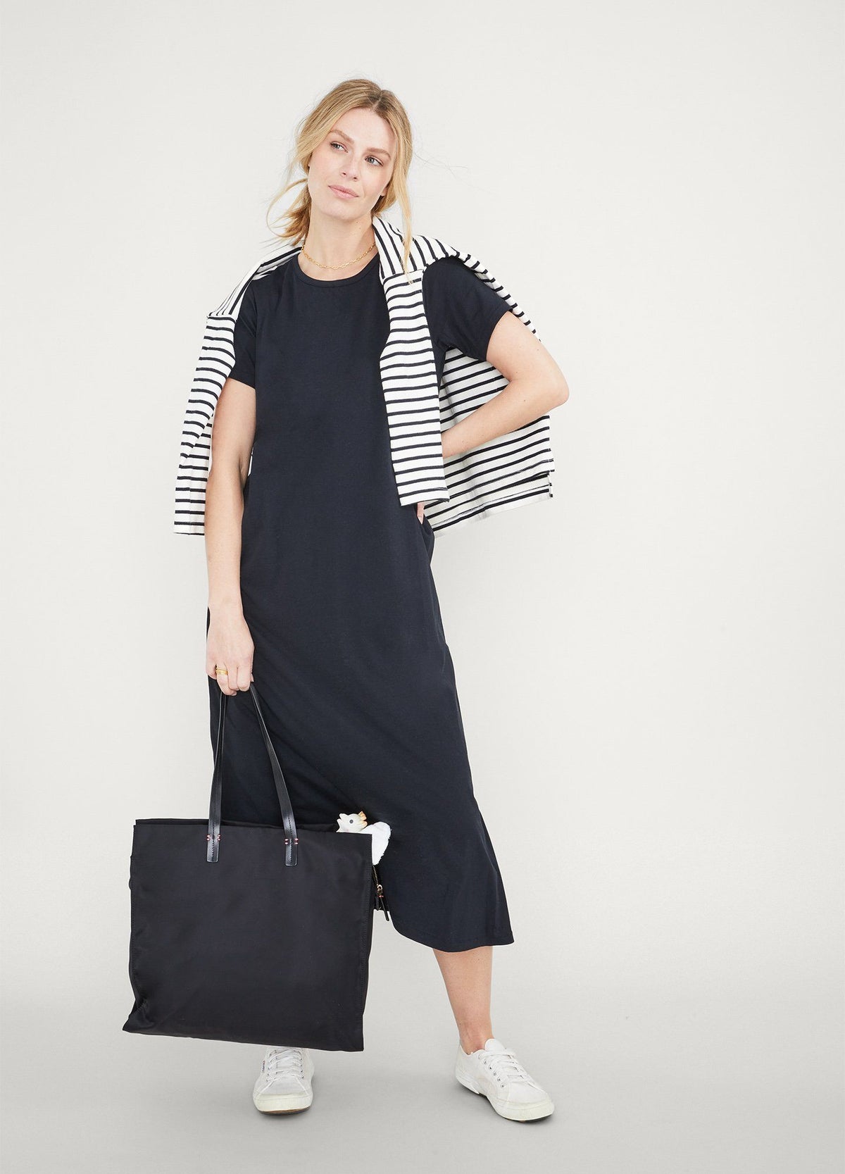 The Easy Going Nursing Tee Dress - Black maternity nursing tee dress with short sleeves, crew neck, and relaxed fit ideal for pregnancy and postpartum.