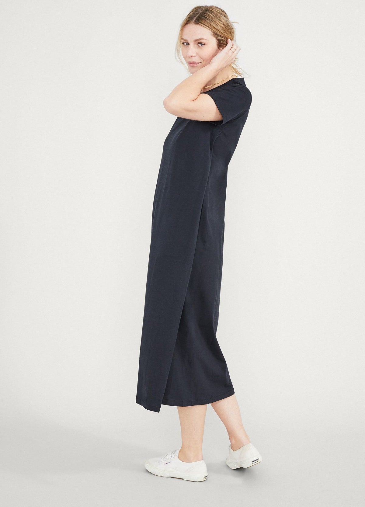 The Easy Going Nursing Tee Dress - Black maternity nursing tee dress with short sleeves, crew neck, and relaxed fit ideal for pregnancy and postpartum.