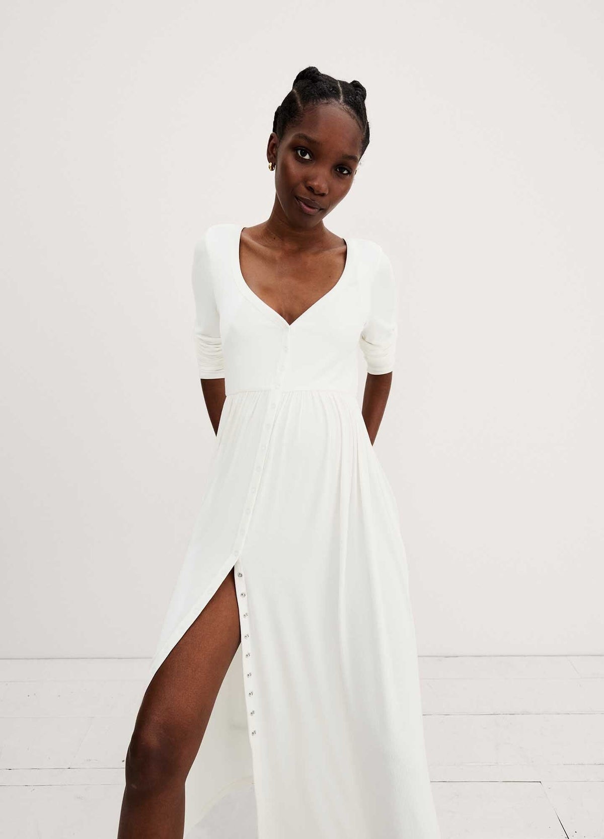 The Softest Rib Nursing Dress - Biscotti and ivory striped rib-knit maternity dress with long sleeves, fitted waist, and nursing-friendly design.