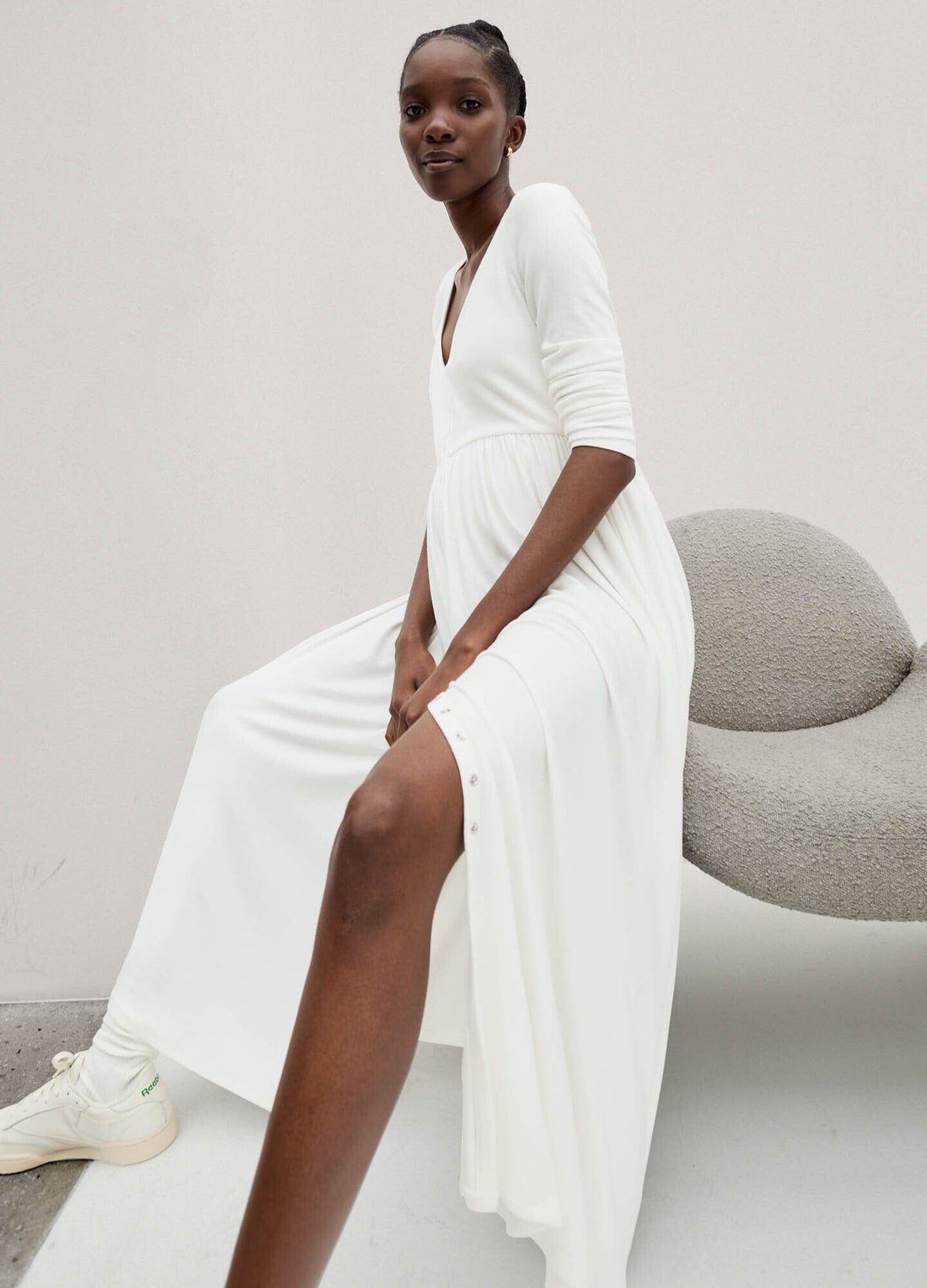 The Softest Rib Nursing Dress - Biscotti and ivory striped rib-knit maternity dress with long sleeves, fitted waist, and nursing-friendly design.