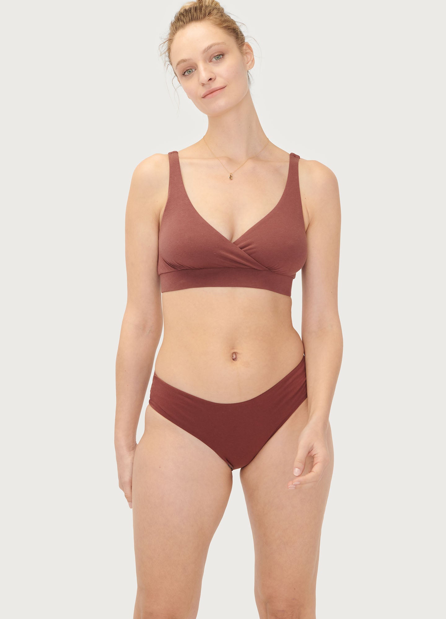 The Everyday Brief - Soft seamless maternity nursing bra and matching briefs in warm anise color designed for pregnancy and postpartum comfort.